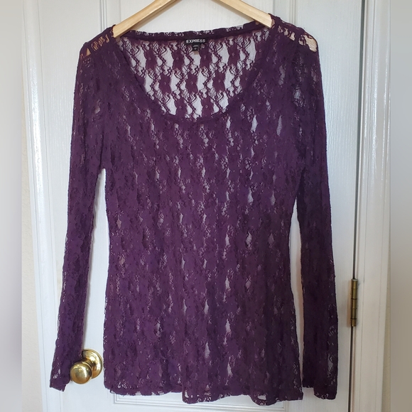 Express Tops - Express Deep Purple Lace Floral Top Sz L + Top For Underneath